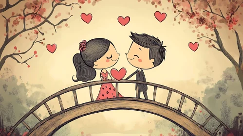 Cartoon Lovers on a Bridge with Hearts