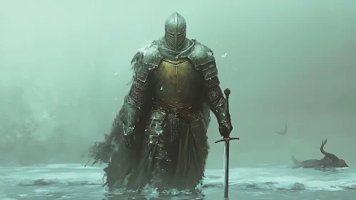 Armored Knight with Sword in Water