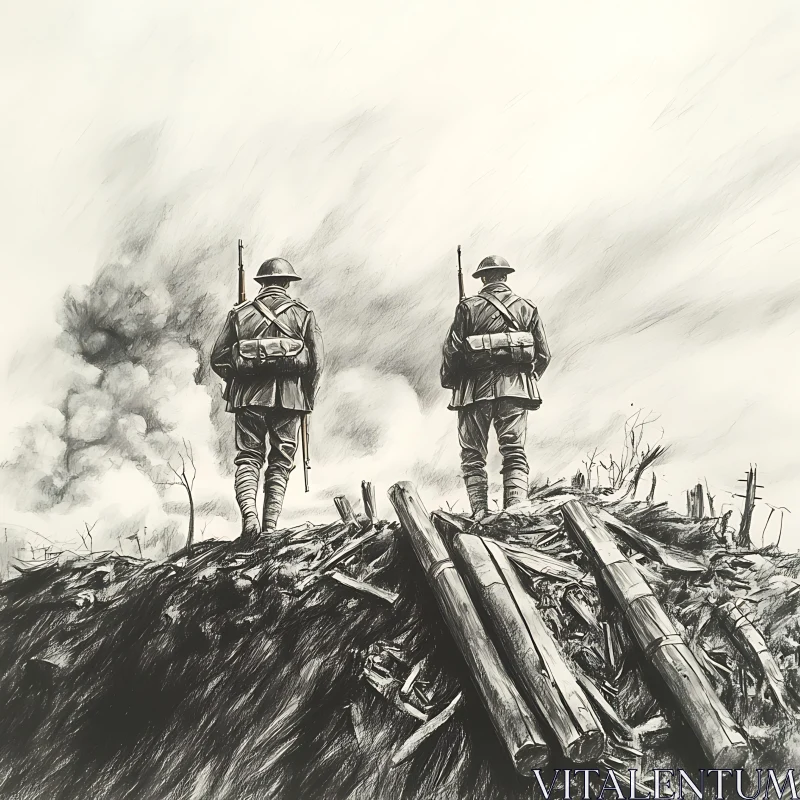 Monochrome Soldiers on Battlefield Artwork AI Image