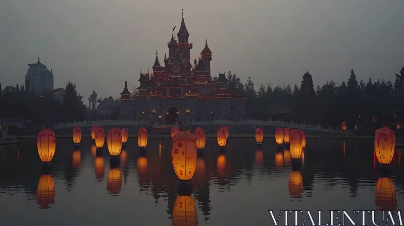 AI ART Fairytale Castle with Floating Lanterns