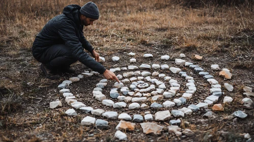 Man Creating Stone Spiral on Earth