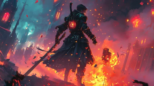 Armored Warrior in Fiery Ruins