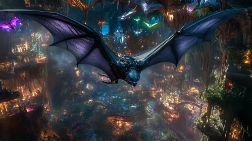 Fantasy Dragon Above Glowing Metropolis