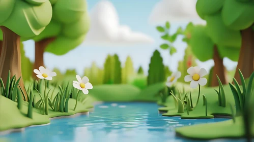 Cartoon River Landscape with Flowers