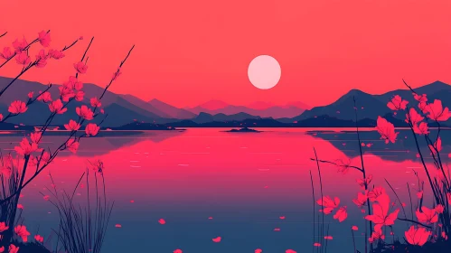 Tranquil Lake Sunset with Floral Accents