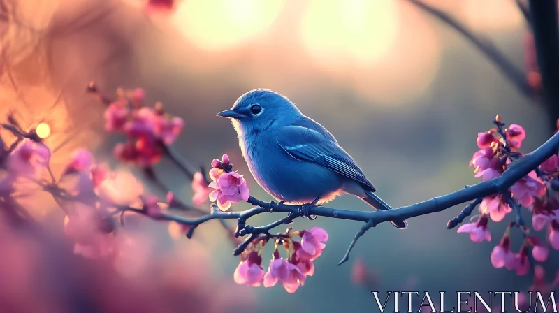 Bluebird Among Cherry Blossoms AI Image