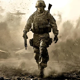 Soldier's Resolve Amidst Battlefield Chaos