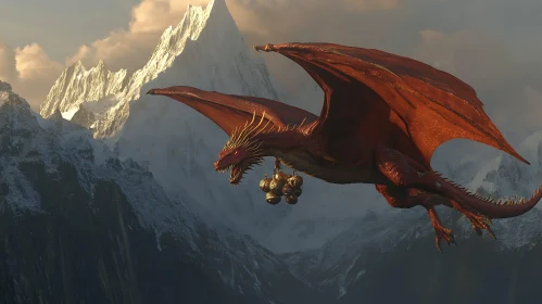 Fantasy Dragon Soaring Above Snowy Peaks