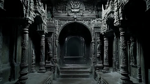 Ornate Carvings in Ancient Temple Corridor