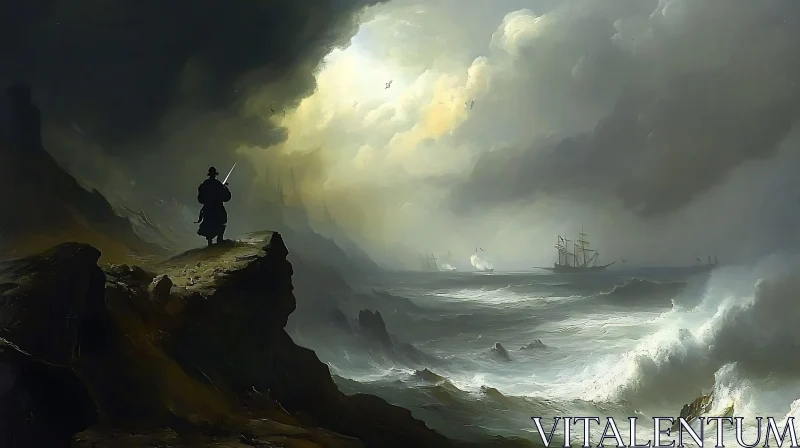 AI ART Man on Cliff Overlooking Stormy Sea