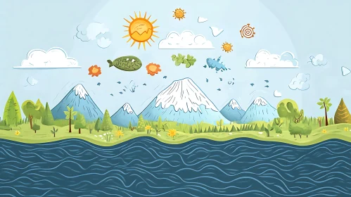 Whimsical Nature Artwork with Mountains and River