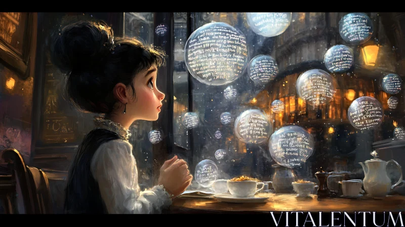 AI ART Enchanted Girl with Floating Text Spheres