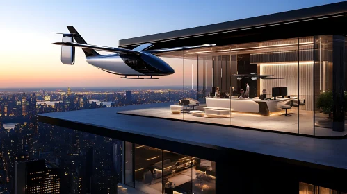 Modern Skyscraper Office with Helicopter and Stunning Cityscape