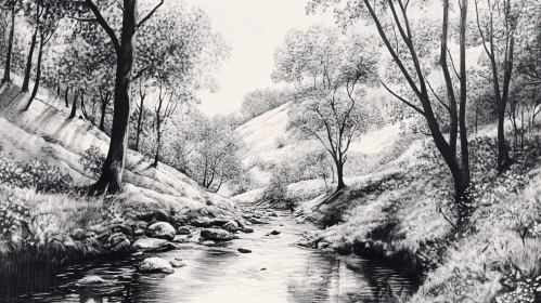 Monochromatic Forest River Landscape Drawing