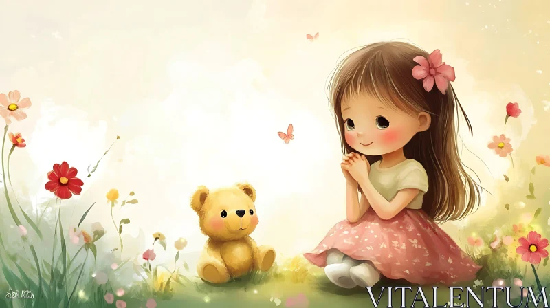 Cartoon Girl with Teddy Bear Illustration AI Image