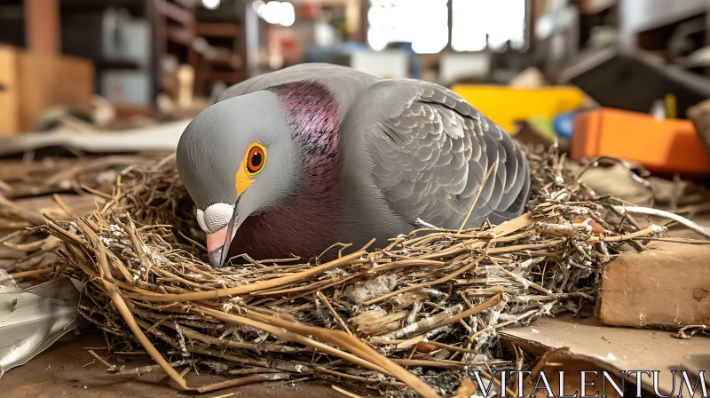 AI ART Pigeon's Serene Moment in Rustic Nest