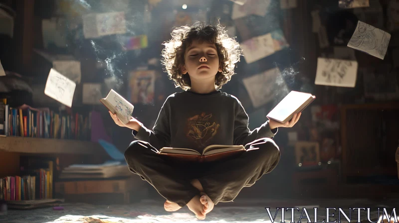 Boy Meditating with Floating Books AI Image