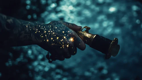 Hand with Constellation Tattoo Holding Gold