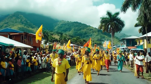 Cultural Parade with Mountains Backdrop