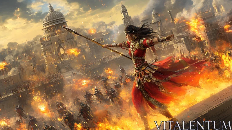 AI ART Fiery Battle Scene with Warrior Queen