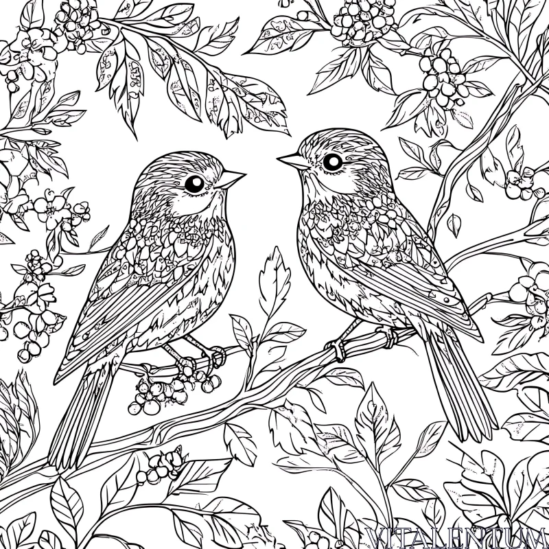 Monochrome Bird Illustration with Floral Elements AI Image