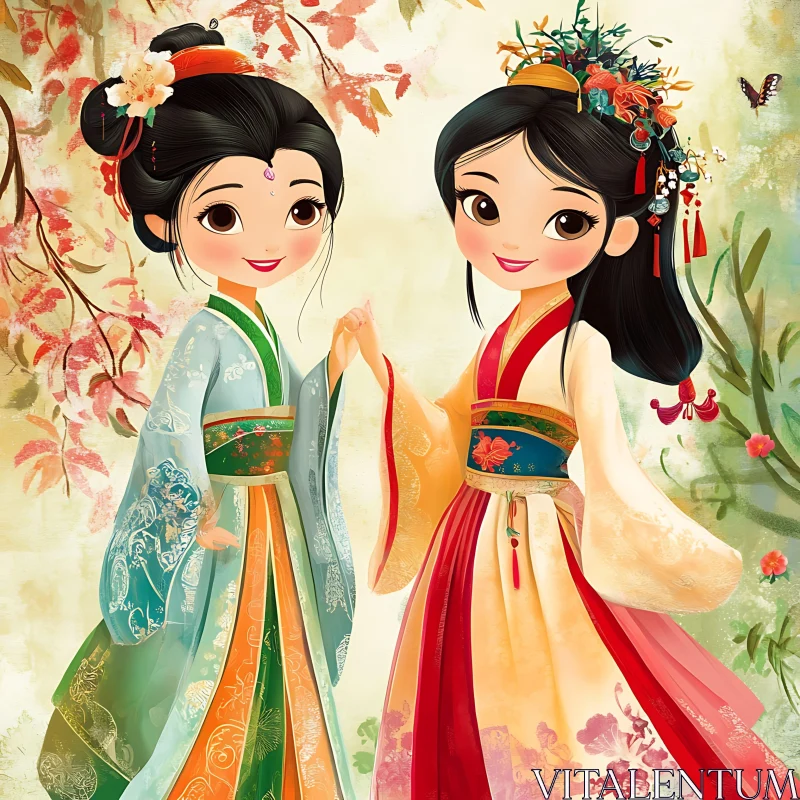 East Asian Girls Holding Hands Art AI Image