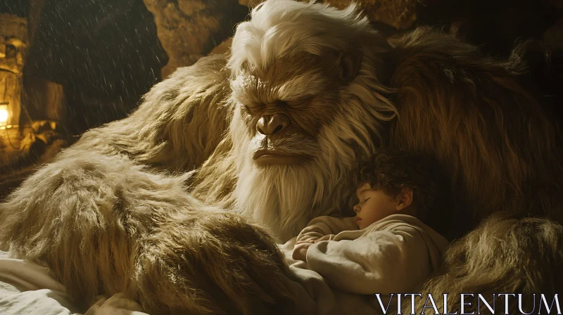 AI ART The Protector: Yeti and Sleeping Child