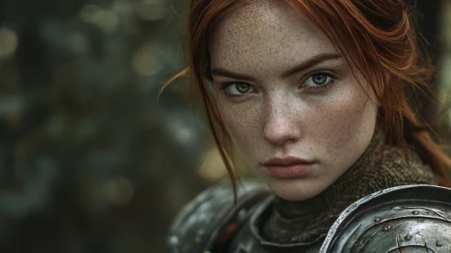 Red-haired Woman in Armor Stares Intently