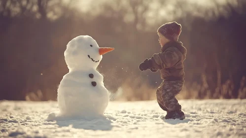 Childhood Winter Joy with Snowman