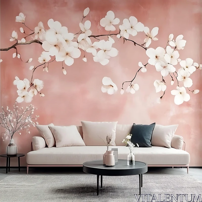 AI ART Stylish Living Area with White Floral Art