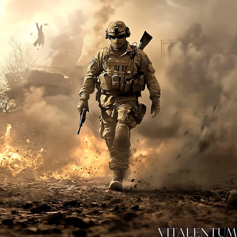 AI ART Soldier Walking Through Burning Battlefield