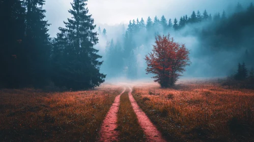 Foggy Woodland with Red-Leafed Tree