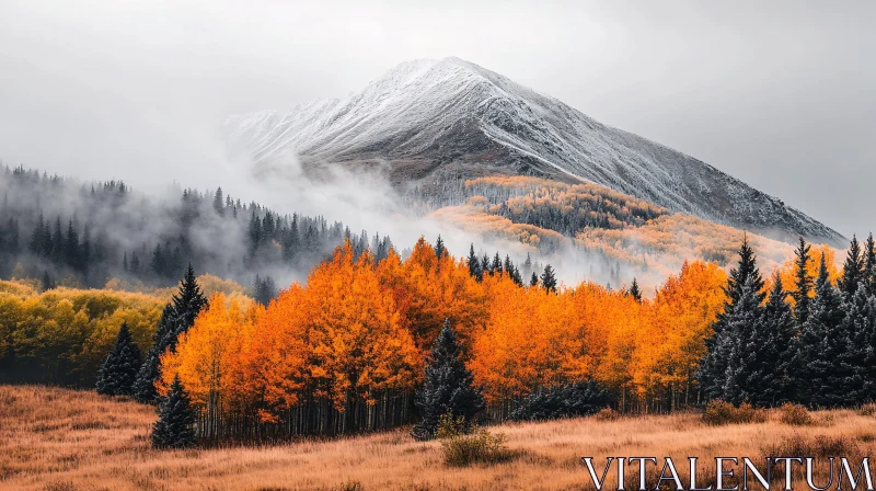 AI ART Vibrant Autumn Trees with Mist and Mountain