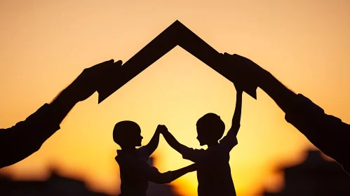 Children Under a Roof at Sunset