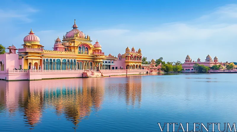 Architectural Harmony: Pink Palace on Water AI Image