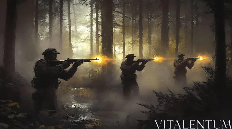 AI ART Soldiers Firing Rifles in Misty Forest