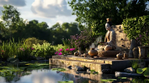Peaceful Statue by the Pond