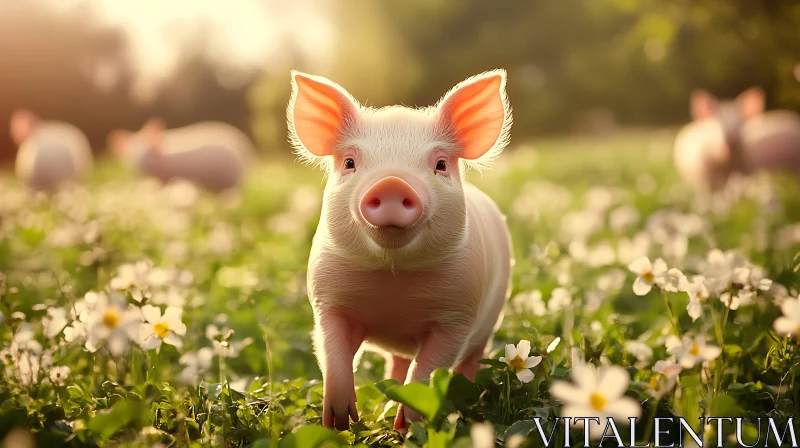 Charming Piglet in Flower Field AI Image