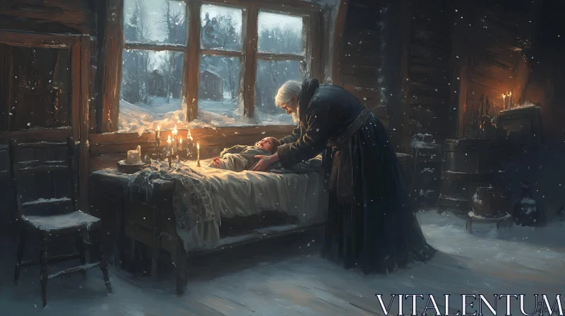 AI ART Candlelight Watch Over Child in Winter