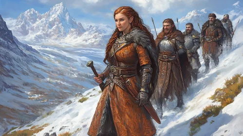 Strong Woman Leading Warriors in Snow