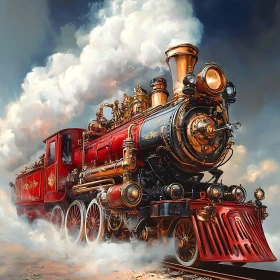 Antique Locomotive Steaming Through Clouds