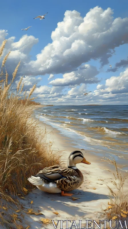 Tranquil Beach Scene with Wildlife AI Image