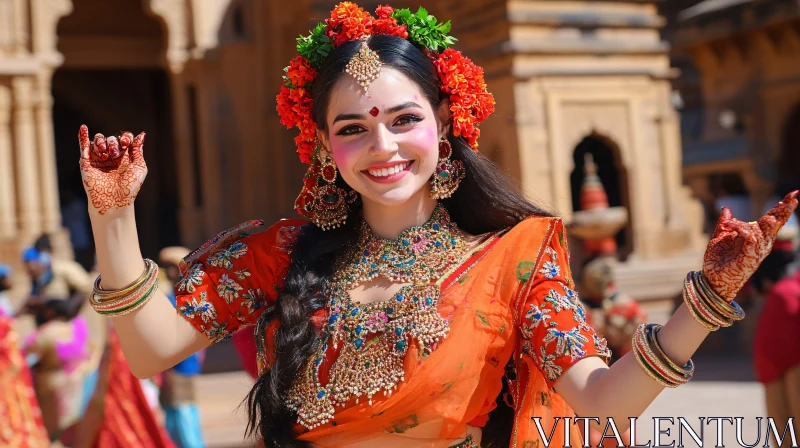 Radiant Woman in Orange Sari AI Image