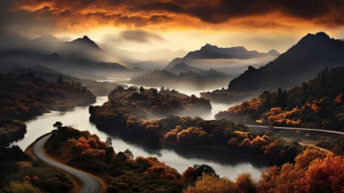 Autumn Mountains Overlooking River - Romantic Landscape Captured in Topographic Photography