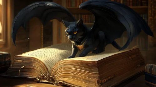 Magical Feline with Wings on Ancient Tome