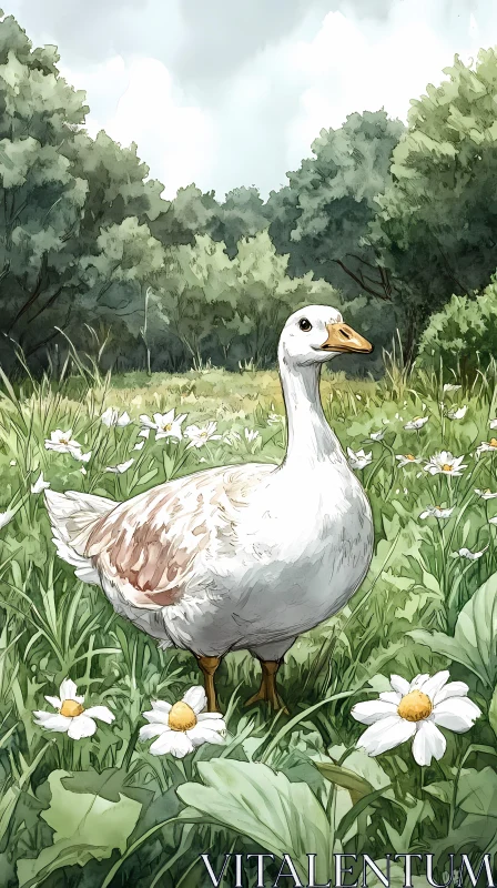 Peaceful Goose Amidst Flowers AI Image