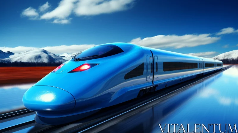 Blue Speed Train on Track: Futuristic Transport Art AI Image