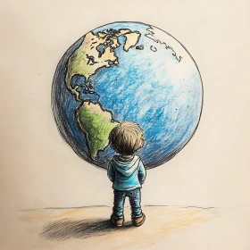 Boy Staring at Earth Globe Art