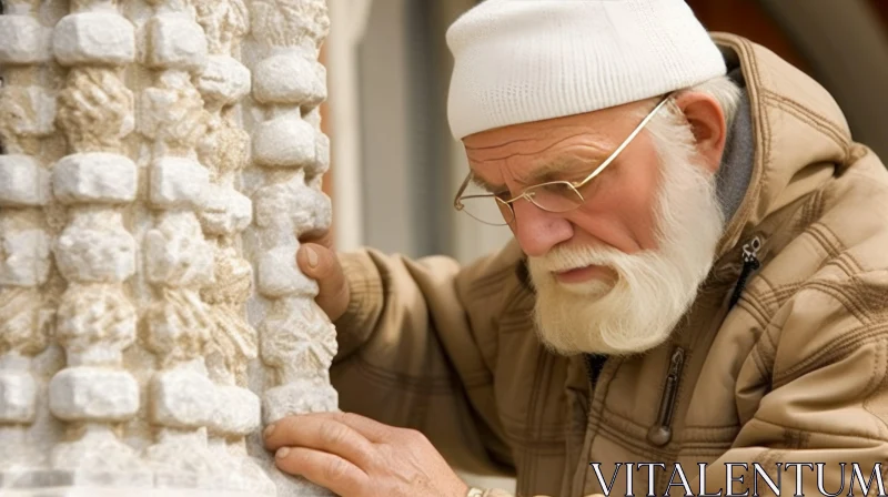 Captivating Portrait of an Elderly Man Engrossed in Marble Ornament AI Image
