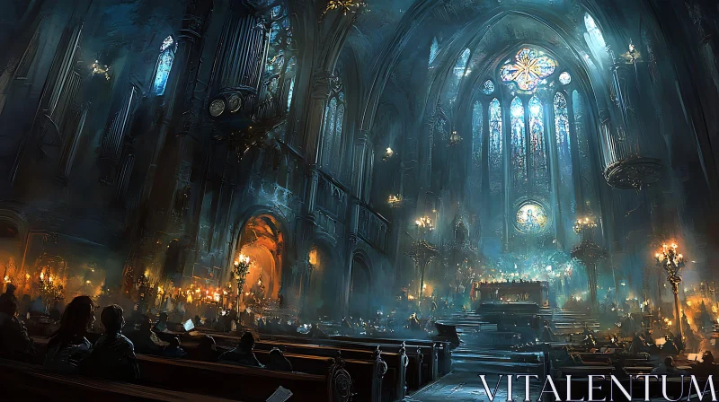 Gothic Church Scene with People AI Image